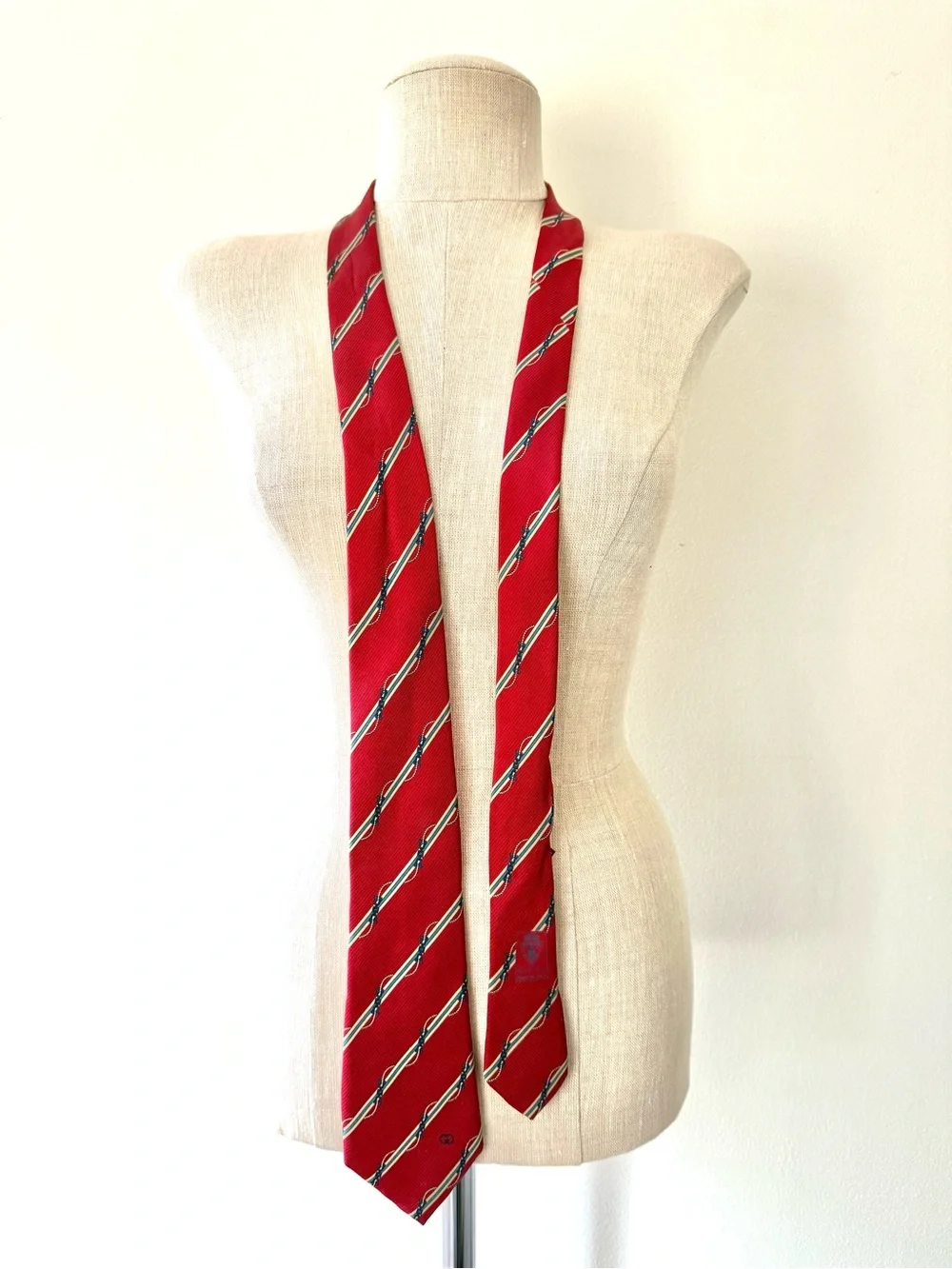 GUCCI Vintage Silk Tie Red Diagonal Stripe Nautical Rope Interlocking GG 80s